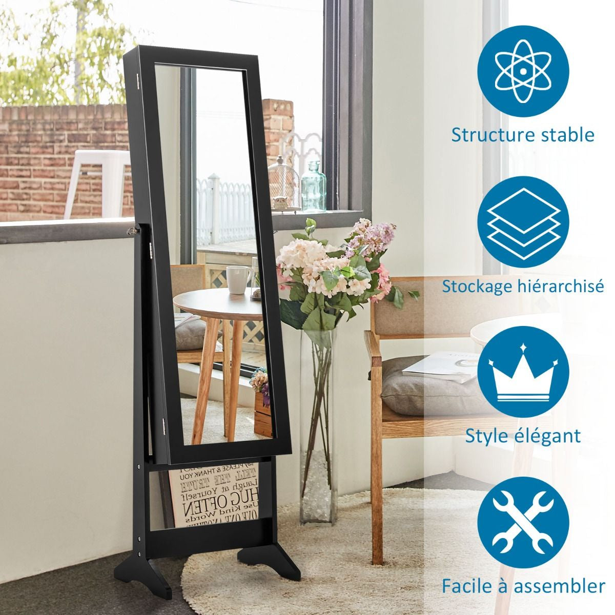 Armoire À Bijoux Sur Pied Avec Miroir Coffre À Bijoux Armoire De Rangement Cosmétiques 3 Positions Réglables 7 Couleurs Au Choix