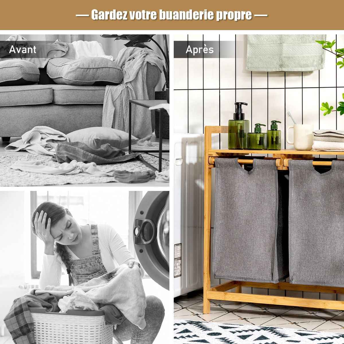 Panier À Linge Sur Pied En Bambou 64 X 33 X 73 CM Avec 2 Sacs À Linge Sale Poignées Et Étagère Supérieure Naturel/Blanc