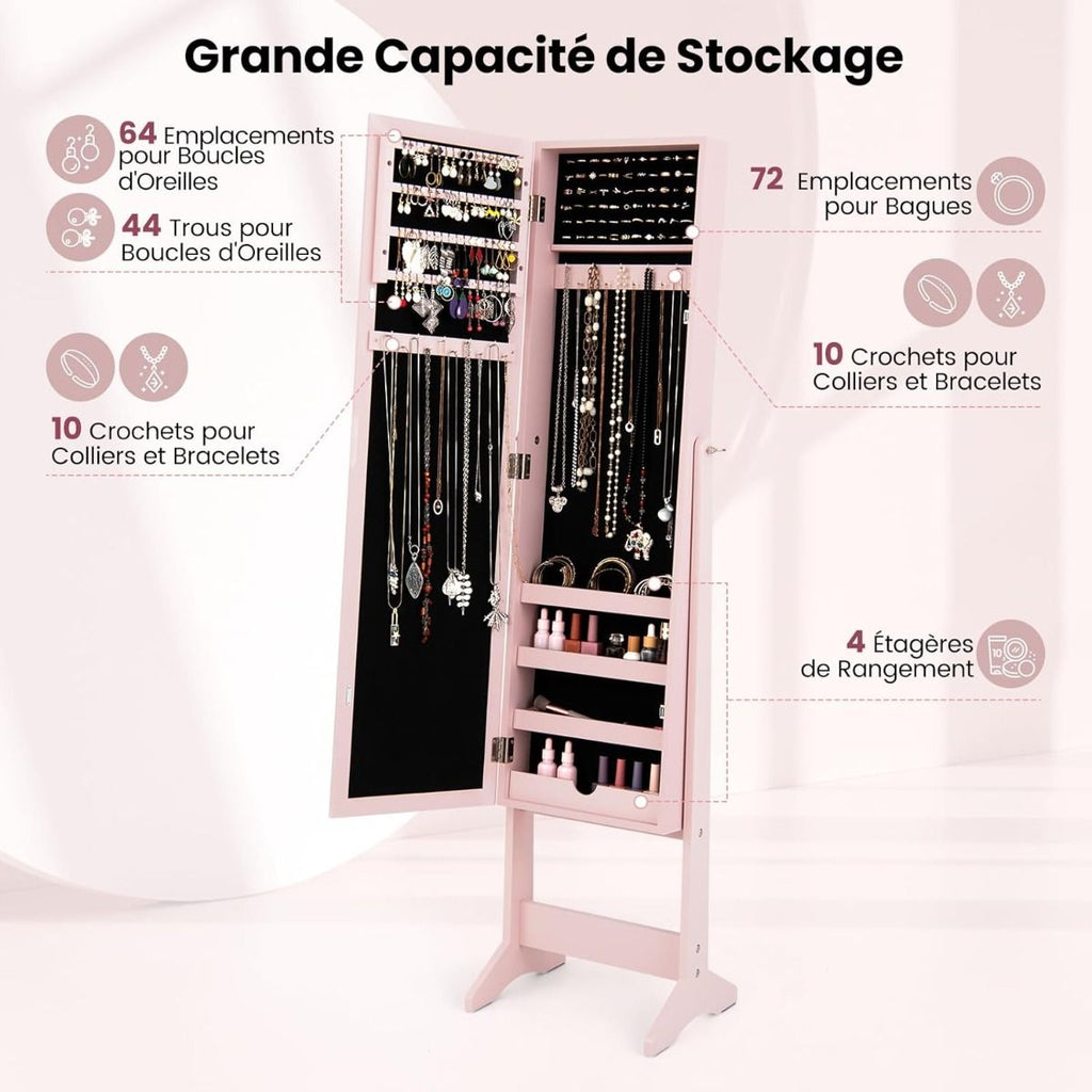 Armoire À Bijoux Sur Pied Avec Miroir Coffre À Bijoux Armoire De Rangement Cosmétiques 3 Positions Réglables 7 Couleurs Au Choix