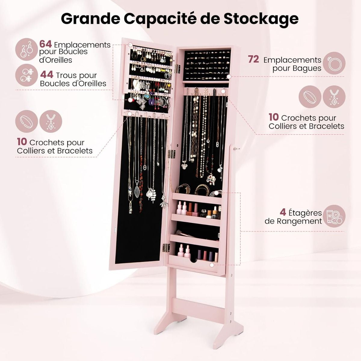 Armoire À Bijoux Sur Pied Avec Miroir Coffre À Bijoux Armoire De Rangement Cosmétiques 3 Positions Réglables 7 Couleurs Au Choix
