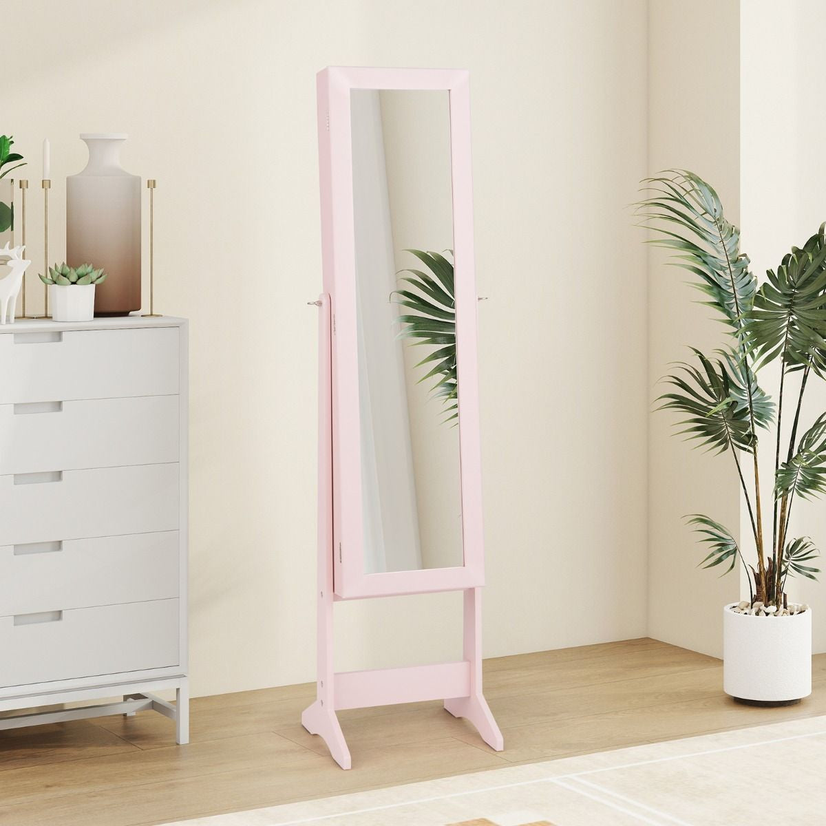 Armoire À Bijoux Sur Pied Avec Miroir Coffre À Bijoux Armoire De Rangement Cosmétiques 3 Positions Réglables 7 Couleurs Au Choix