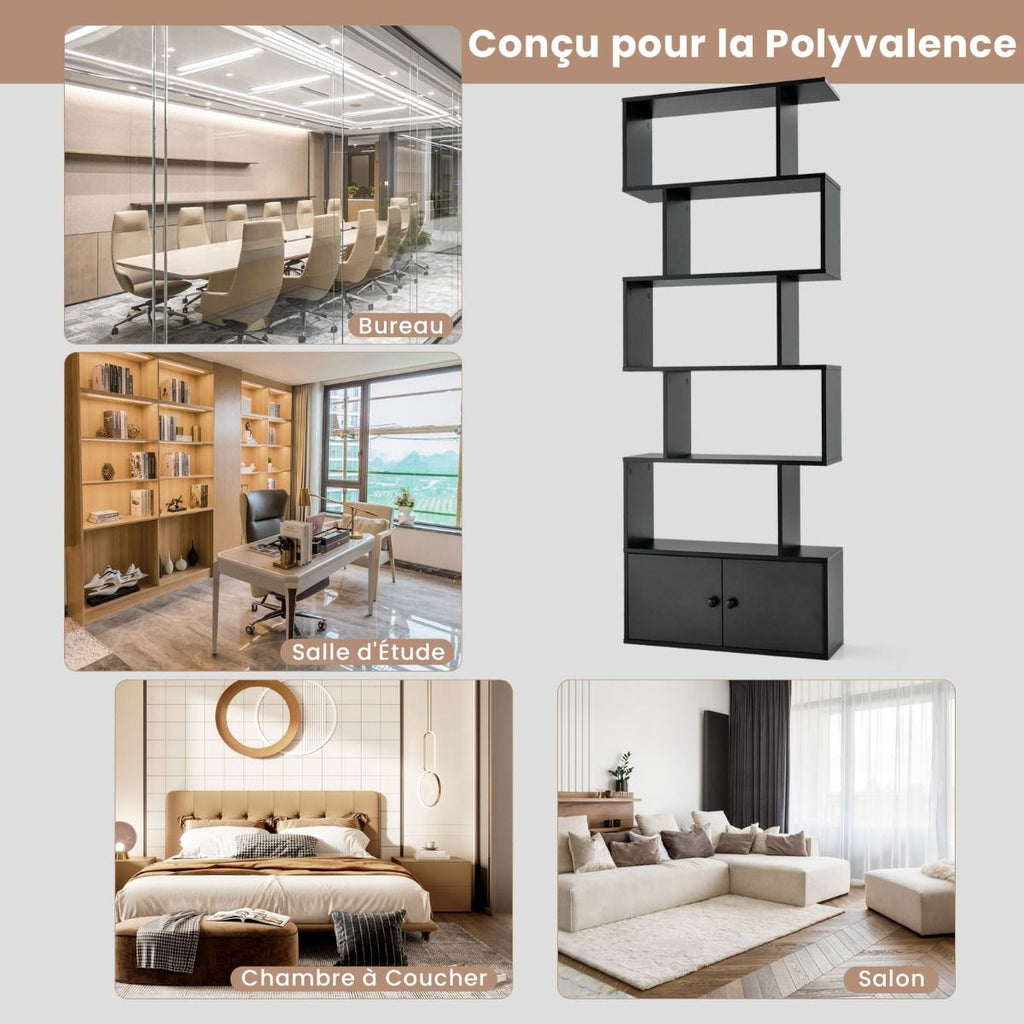 Bibliothèque Étagère Échelle En Bois À 6 Niveaux Avec 2 Portes 70X23X183 Cm Style Moderne Forme En S Marron Rustique/Blanc/Noir