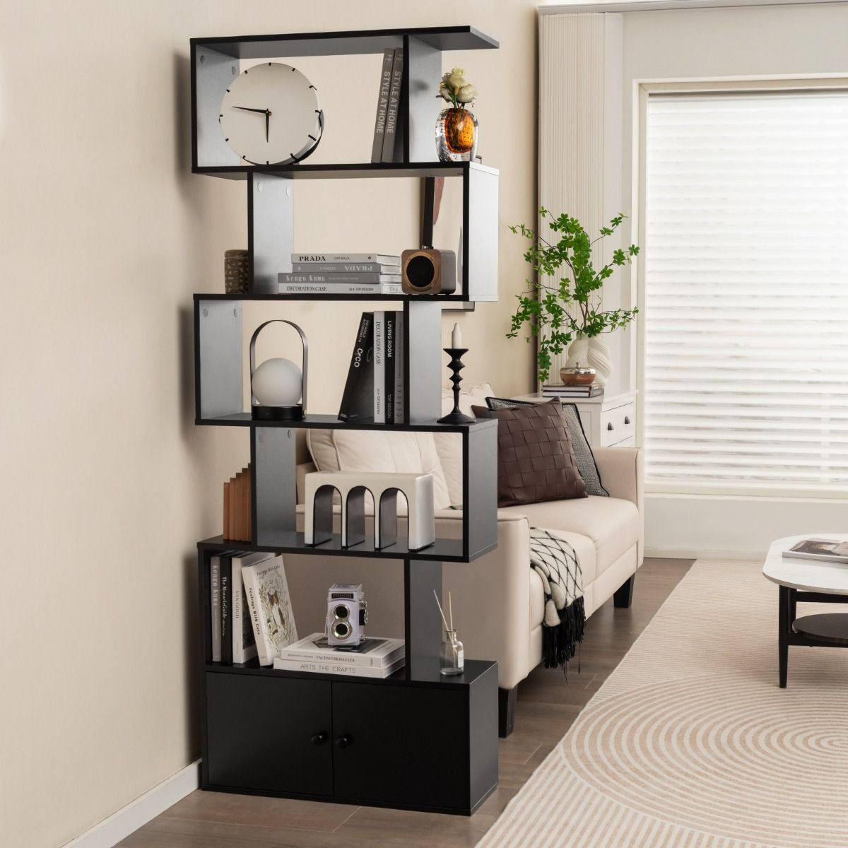 Bibliothèque Étagère Échelle En Bois À 6 Niveaux Avec 2 Portes 70X23X183 Cm Style Moderne Forme En S Marron Rustique/Blanc/Noir