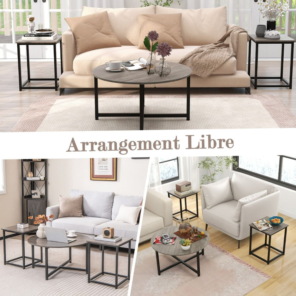 Ensemble De Tables Basses 3 Pièces Table Ronde Et 2 Tables D'Appoint Carrées Avec Cadre En Métal Robuste Noyer/Blanc/Gris