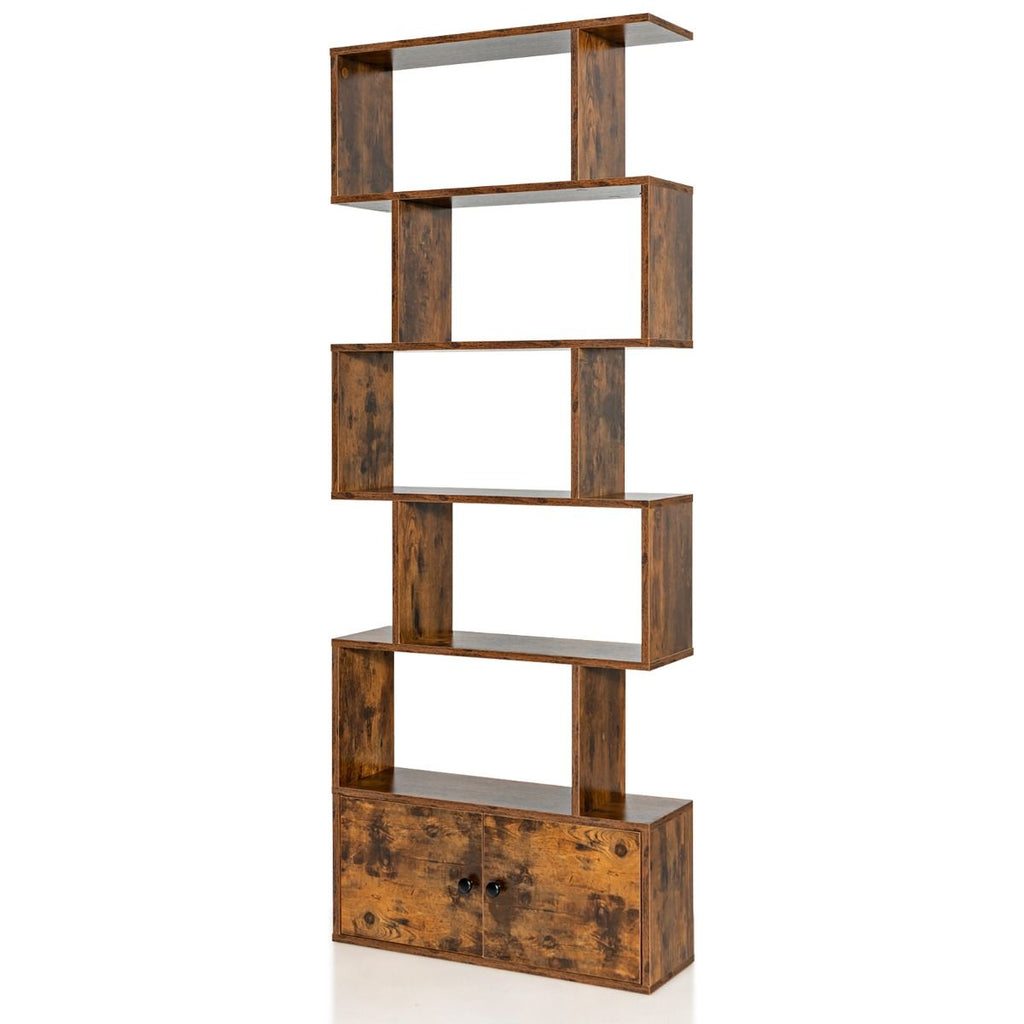 Bibliothèque Étagère Échelle En Bois À 6 Niveaux Avec 2 Portes 70X23X183 Cm Style Moderne Forme En S Marron Rustique/Blanc/Noir