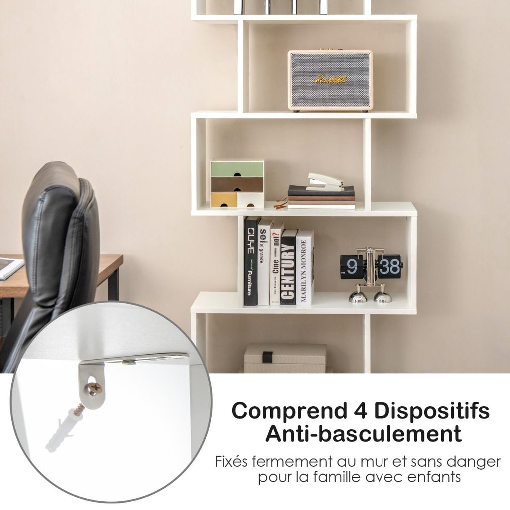 Bibliothèque Étagère Échelle En Bois À 6 Niveaux Avec 2 Portes 70X23X183 Cm Style Moderne Forme En S Marron Rustique/Blanc/Noir