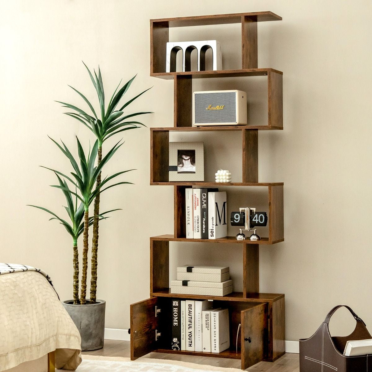 Bibliothèque Étagère Échelle En Bois À 6 Niveaux Avec 2 Portes 70X23X183 Cm Style Moderne Forme En S Marron Rustique/Blanc/Noir