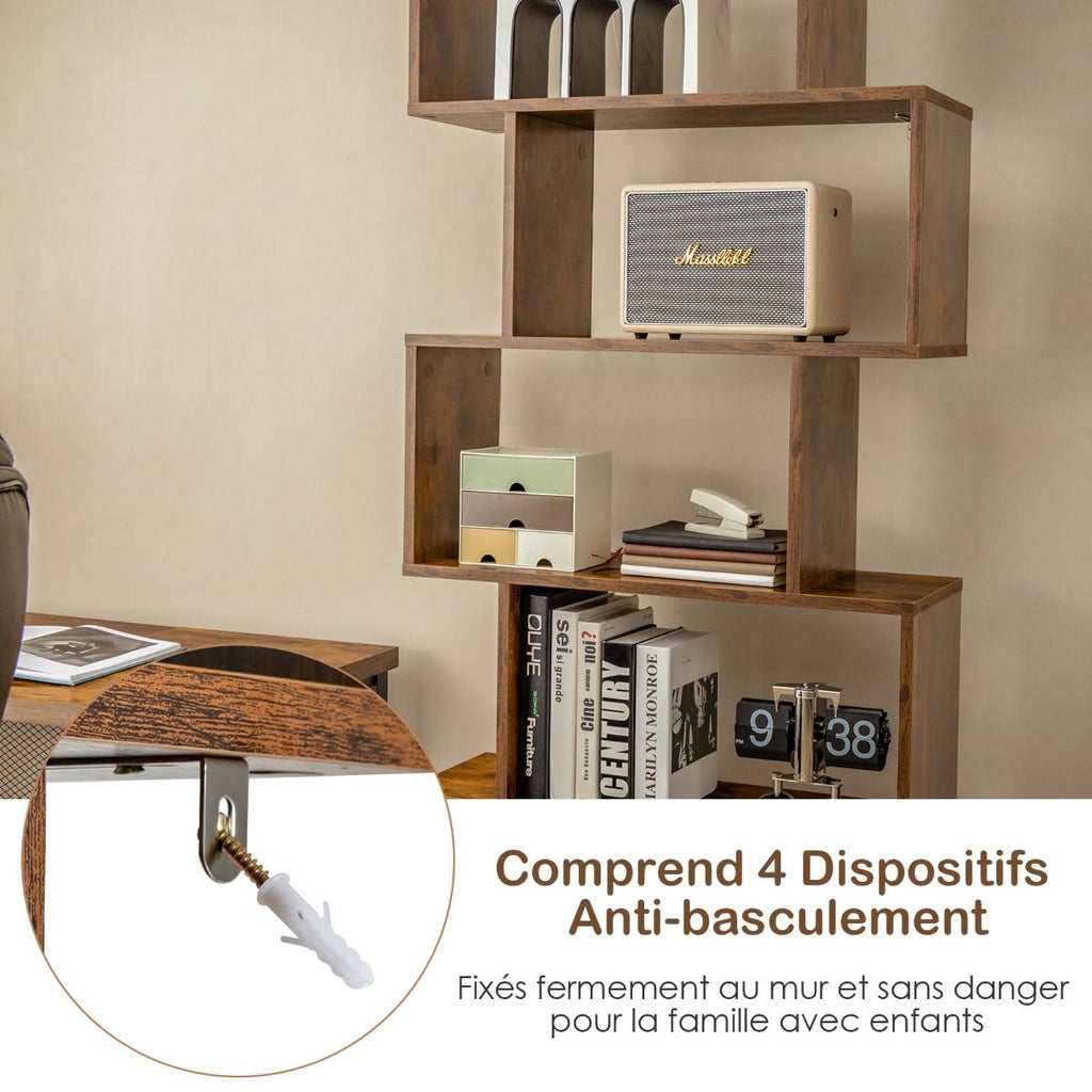 Bibliothèque Étagère Échelle En Bois À 6 Niveaux Avec 2 Portes 70X23X183 Cm Style Moderne Forme En S Marron Rustique/Blanc/Noir