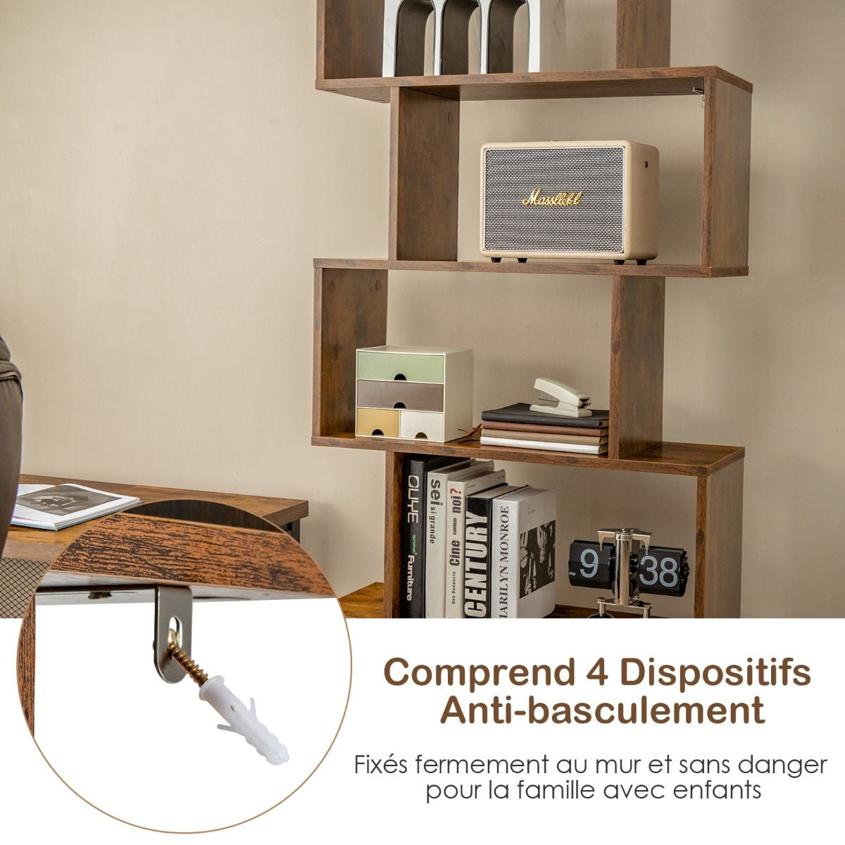 Bibliothèque Étagère Échelle En Bois À 6 Niveaux Avec 2 Portes 70X23X183 Cm Style Moderne Forme En S Marron Rustique/Blanc/Noir