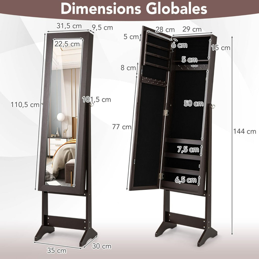 Armoire À Bijoux Sur Pied Avec Miroir Coffre À Bijoux Armoire De Rangement Cosmétiques 3 Positions Réglables 7 Couleurs Au Choix