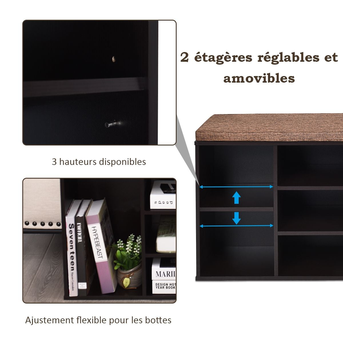 Meuble À Chaussures Banc À Chaussures Avec Coussin Capacité 150 Kg Grand Rangement En Bois 104X30X48 Cm 5 Couleurs Au Choix