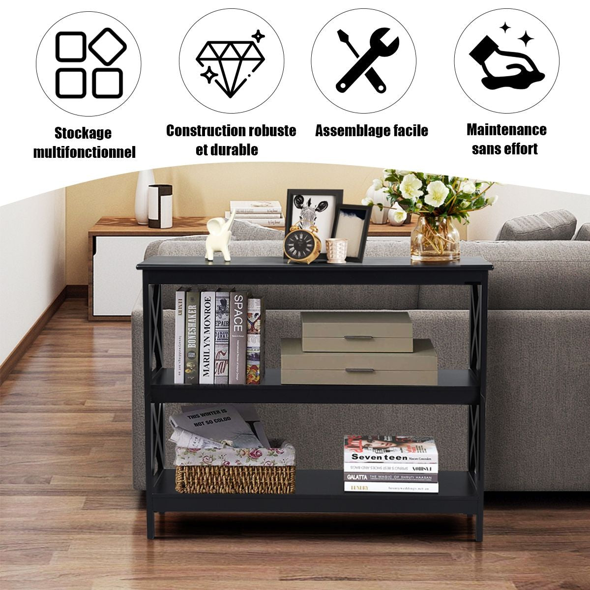 Table Console Table De Canapé Style Industriel 100 X 33 X 80 CM Avec 2 Étagère De Rangement Blanc/Noir/Café