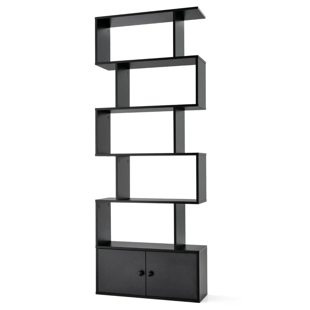 Bibliothèque Étagère Échelle En Bois À 6 Niveaux Avec 2 Portes 70X23X183 Cm Style Moderne Forme En S Marron Rustique/Blanc/Noir
