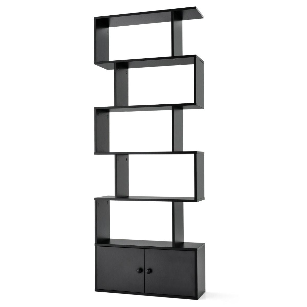 Bibliothèque Étagère Échelle En Bois À 6 Niveaux Avec 2 Portes 70X23X183 Cm Style Moderne Forme En S Marron Rustique/Blanc/Noir