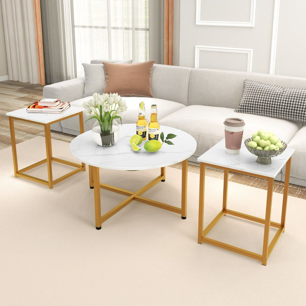 Ensemble De Tables Basses 3 Pièces Table Ronde Et 2 Tables D'Appoint Carrées Avec Cadre En Métal Robuste Noyer/Blanc/Gris