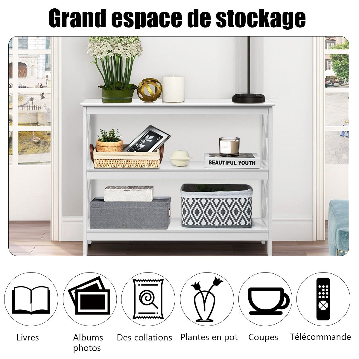 Table Console Table De Canapé Style Industriel 100 X 33 X 80 CM Avec 2 Étagère De Rangement Blanc/Noir/Café