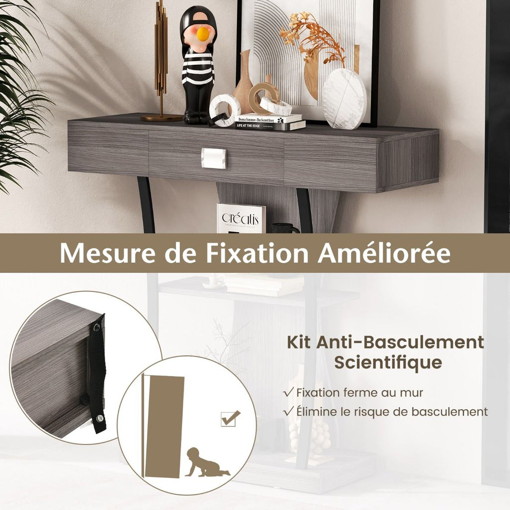 Table Console 3 Étagères Meuble D'Entrée L91 X P30 X H88 Style Scandinave Dispositif Anti-Renversement Brun Rustique/Noir/Gris