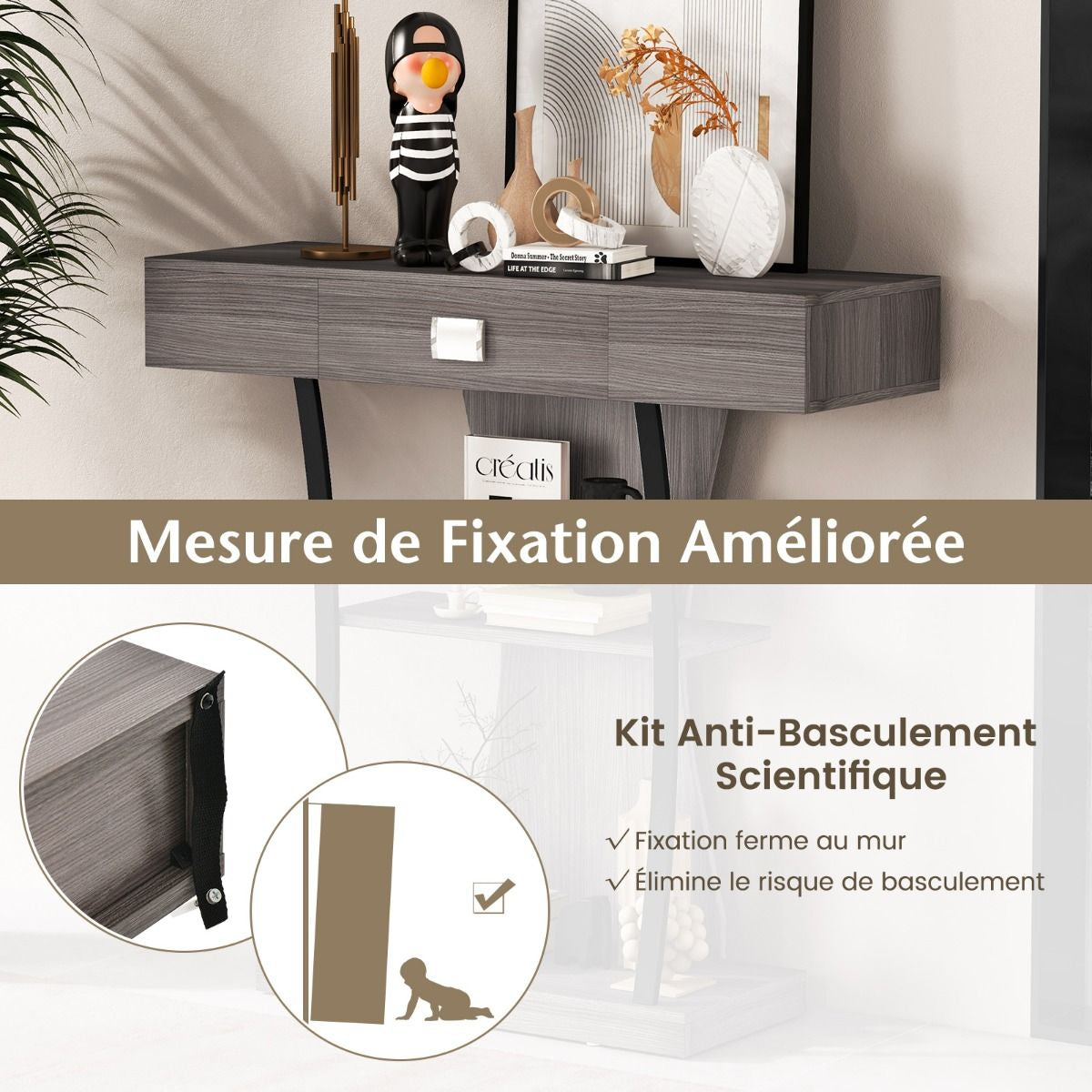 Table Console 3 Étagères Meuble D'Entrée L91 X P30 X H88 Style Scandinave Dispositif Anti-Renversement Brun Rustique/Noir/Gris