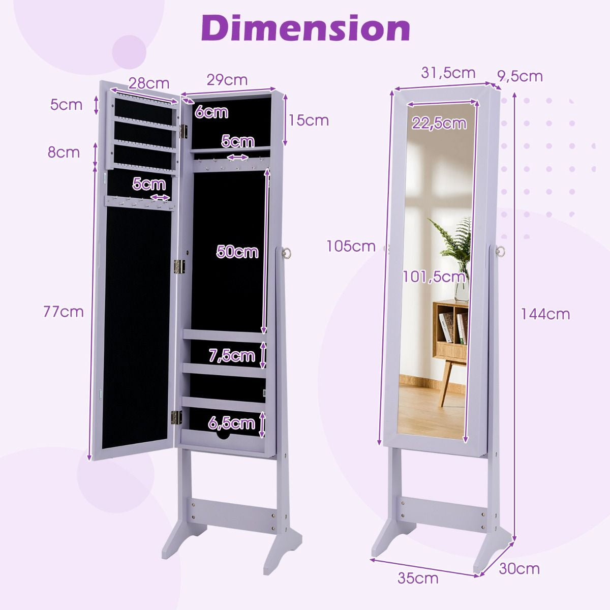 Armoire À Bijoux Sur Pied Avec Miroir Coffre À Bijoux Armoire De Rangement Cosmétiques 3 Positions Réglables 7 Couleurs Au Choix