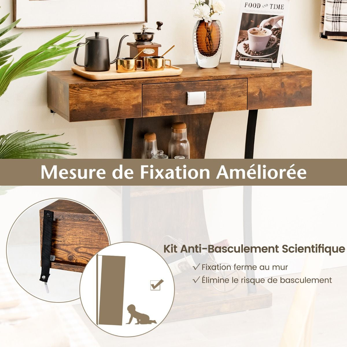 Table Console 3 Étagères Meuble D'Entrée L91 X P30 X H88 Style Scandinave Dispositif Anti-Renversement Brun Rustique/Noir/Gris