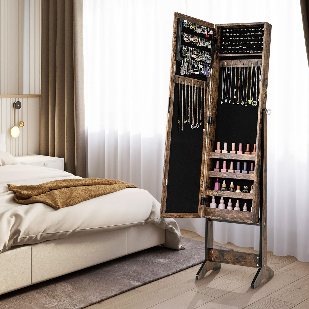 Armoire À Bijoux Sur Pied Avec Miroir Coffre À Bijoux Armoire De Rangement Cosmétiques 3 Positions Réglables 7 Couleurs Au Choix