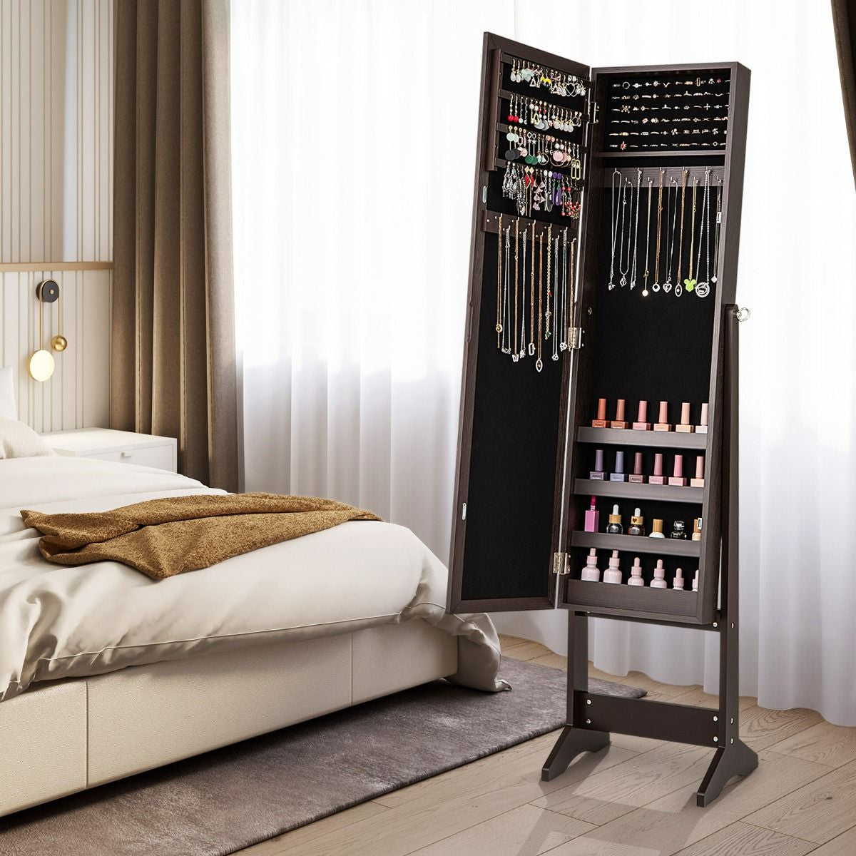 Armoire À Bijoux Sur Pied Avec Miroir Coffre À Bijoux Armoire De Rangement Cosmétiques 3 Positions Réglables 7 Couleurs Au Choix