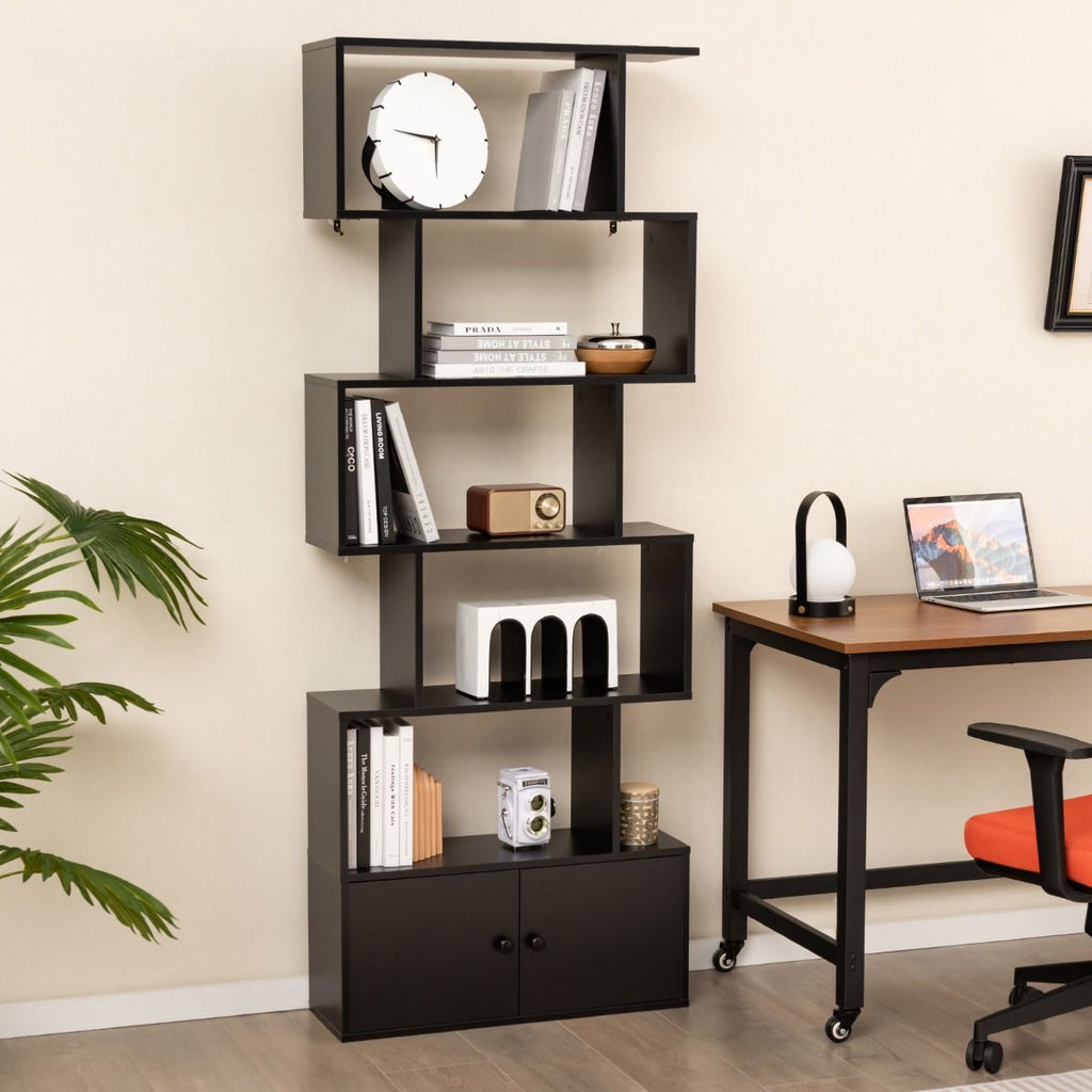 Bibliothèque Étagère Échelle En Bois À 6 Niveaux Avec 2 Portes 70X23X183 Cm Style Moderne Forme En S Marron Rustique/Blanc/Noir