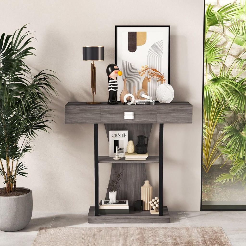 Table Console 3 Étagères Meuble D'Entrée L91 X P30 X H88 Style Scandinave Dispositif Anti-Renversement Brun Rustique/Noir/Gris