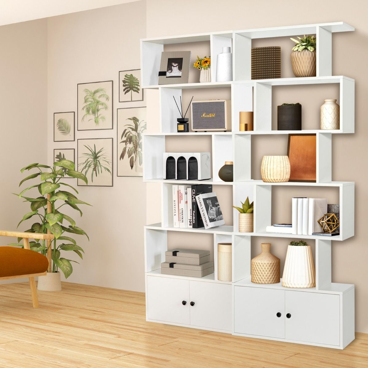 Bibliothèque Étagère Échelle En Bois À 6 Niveaux Avec 2 Portes 70X23X183 Cm Style Moderne Forme En S Marron Rustique/Blanc/Noir