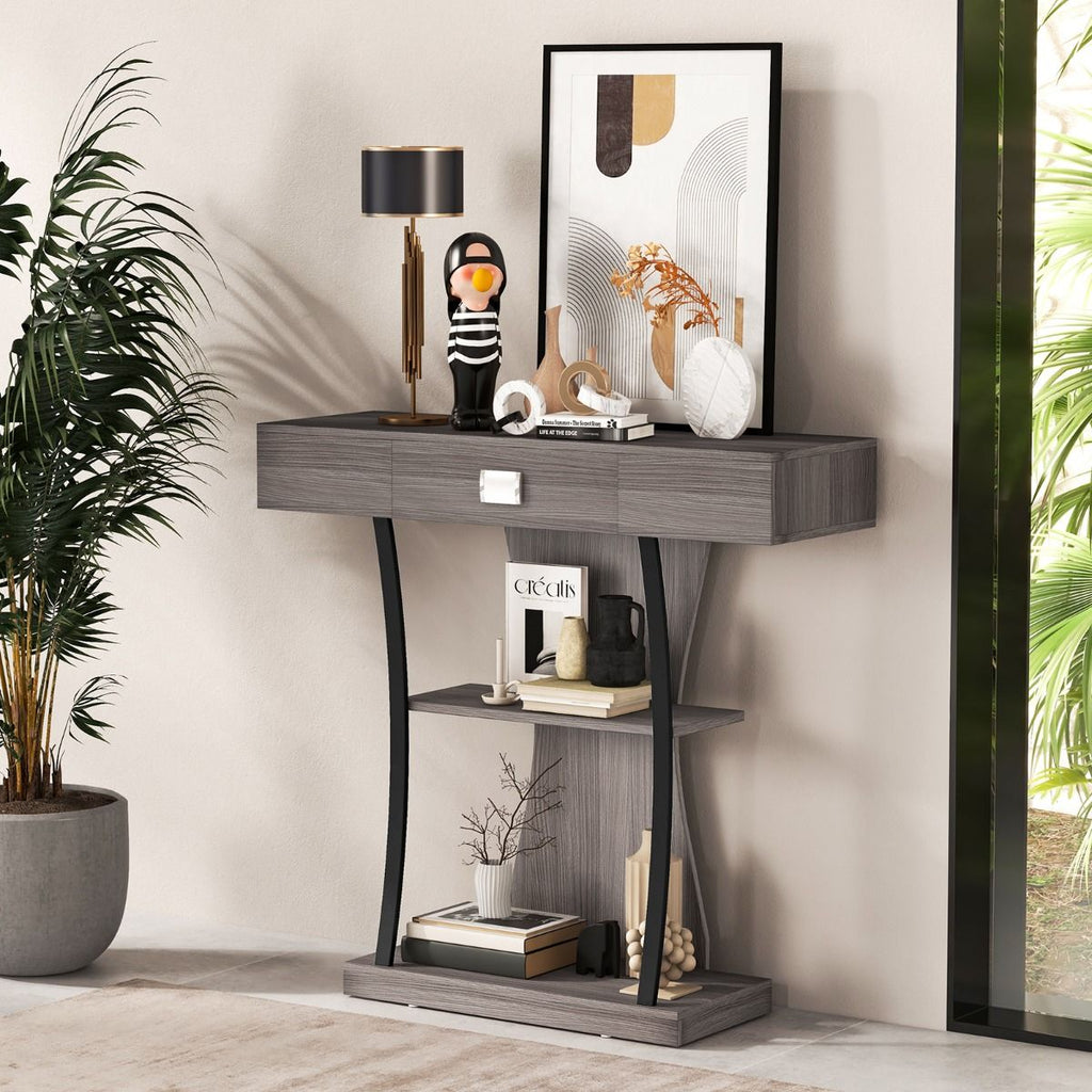 Table Console 3 Étagères Meuble D'Entrée L91 X P30 X H88 Style Scandinave Dispositif Anti-Renversement Brun Rustique/Noir/Gris