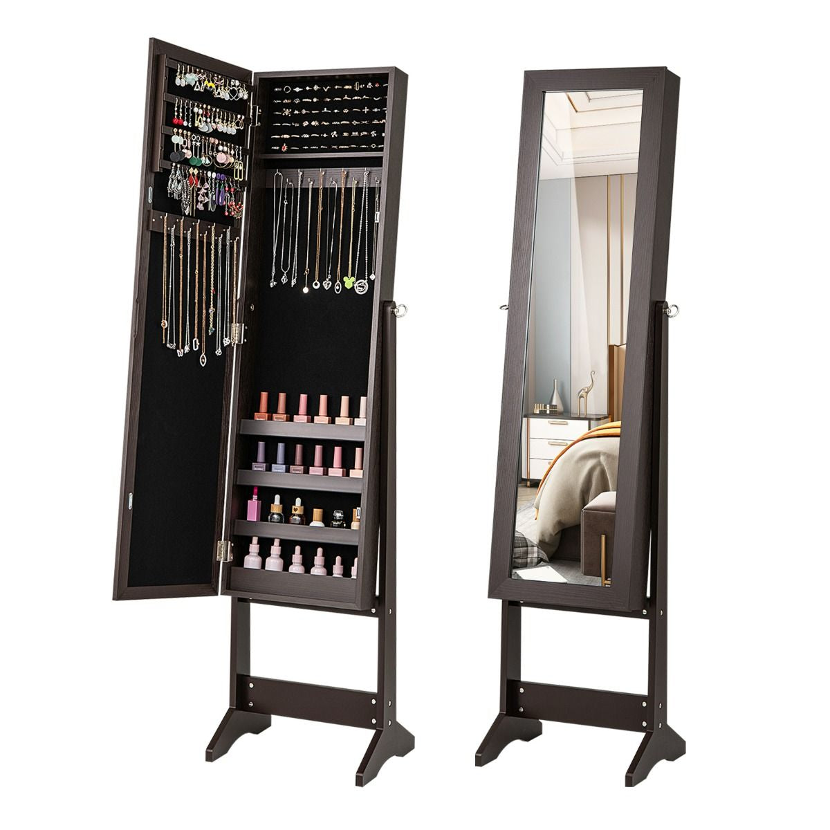Armoire À Bijoux Sur Pied Avec Miroir Coffre À Bijoux Armoire De Rangement Cosmétiques 3 Positions Réglables 7 Couleurs Au Choix