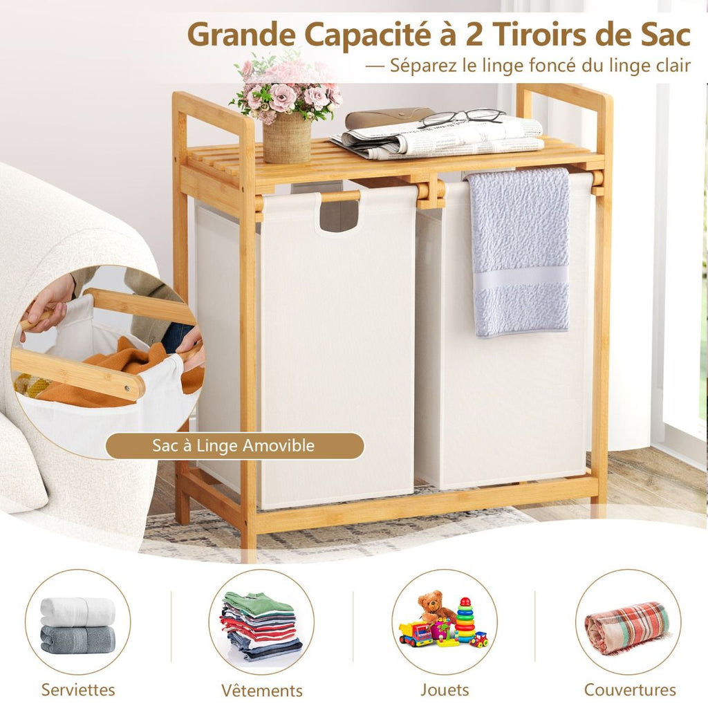 Panier À Linge Sur Pied En Bambou 64 X 33 X 73 CM Avec 2 Sacs À Linge Sale Poignées Et Étagère Supérieure Naturel/Blanc