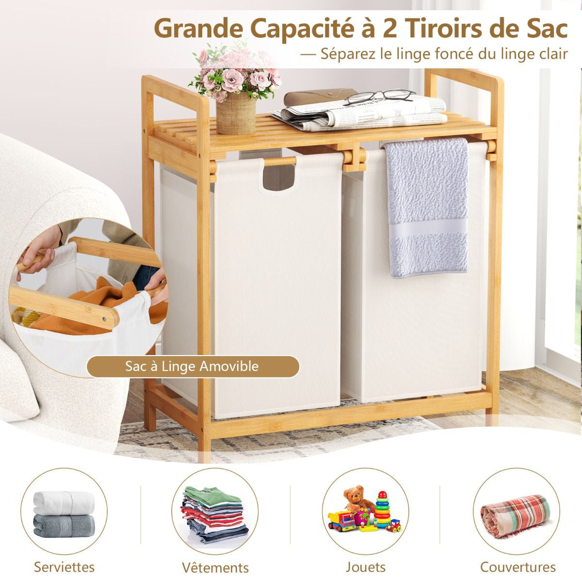 Panier À Linge Sur Pied En Bambou 64 X 33 X 73 CM Avec 2 Sacs À Linge Sale Poignées Et Étagère Supérieure Naturel/Blanc