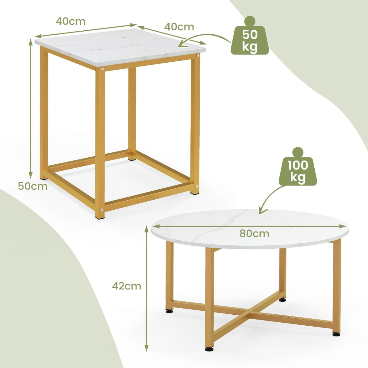 Ensemble De Tables Basses 3 Pièces Table Ronde Et 2 Tables D'Appoint Carrées Avec Cadre En Métal Robuste Noyer/Blanc/Gris