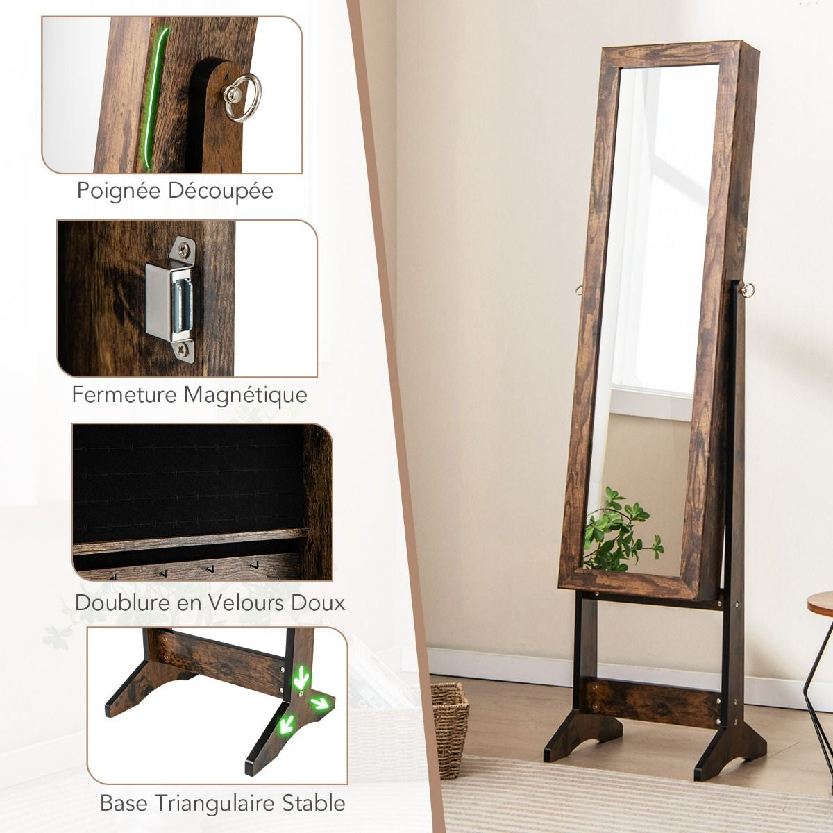Armoire À Bijoux Sur Pied Avec Miroir Coffre À Bijoux Armoire De Rangement Cosmétiques 3 Positions Réglables 7 Couleurs Au Choix