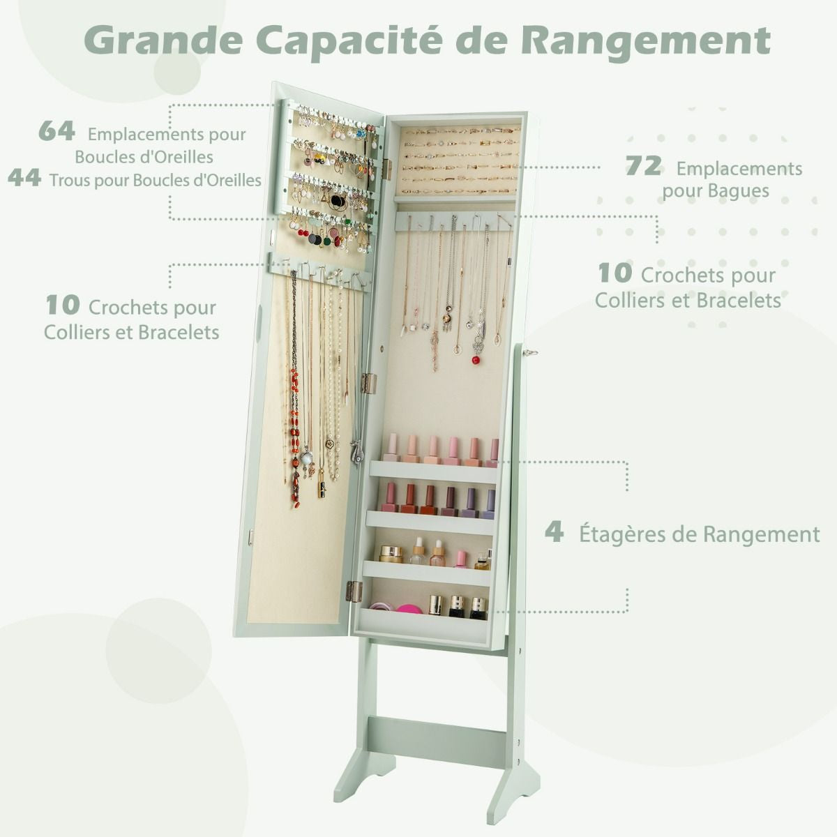 Armoire À Bijoux Sur Pied Avec Miroir Coffre À Bijoux Armoire De Rangement Cosmétiques 3 Positions Réglables 7 Couleurs Au Choix