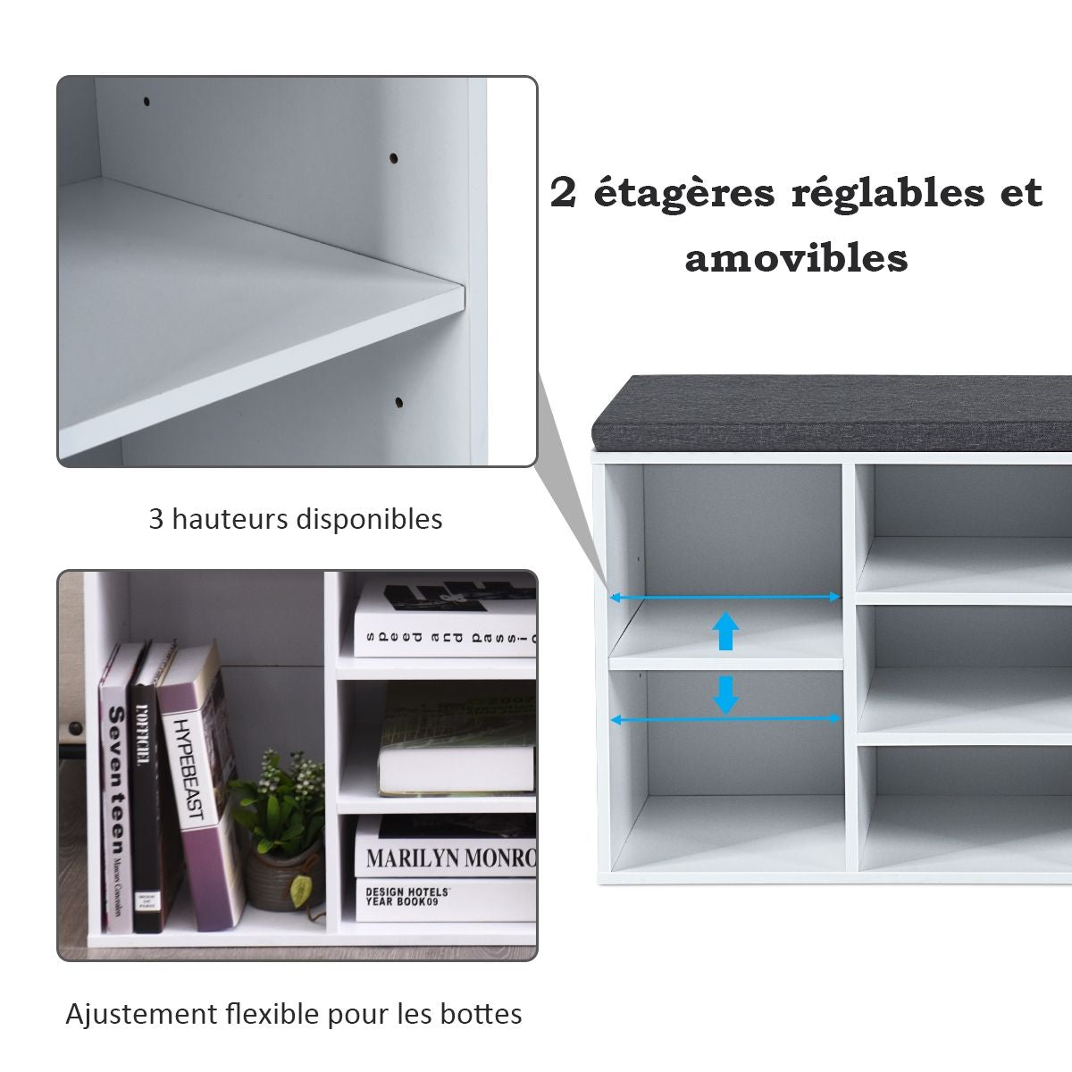 Meuble À Chaussures Banc À Chaussures Avec Coussin Capacité 150 Kg Grand Rangement En Bois 104X30X48 Cm 5 Couleurs Au Choix