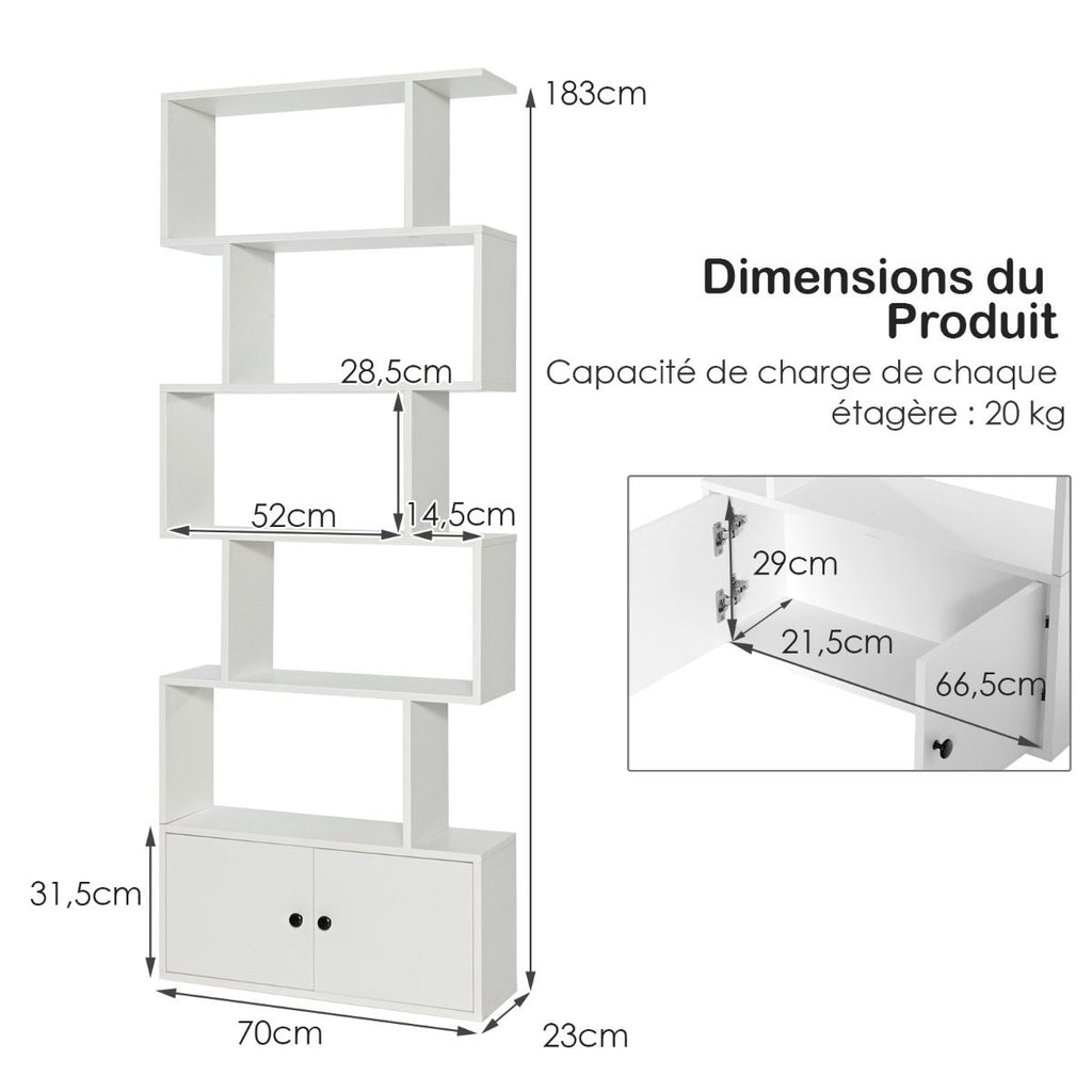 Bibliothèque Étagère Échelle En Bois À 6 Niveaux Avec 2 Portes 70X23X183 Cm Style Moderne Forme En S Marron Rustique/Blanc/Noir