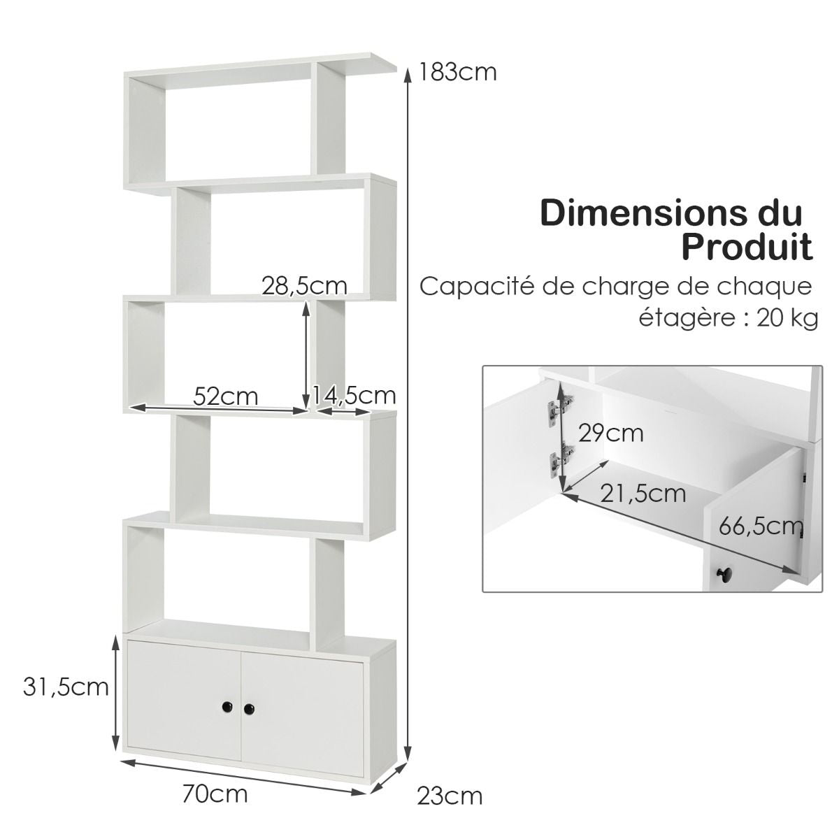 Bibliothèque Étagère Échelle En Bois À 6 Niveaux Avec 2 Portes 70X23X183 Cm Style Moderne Forme En S Marron Rustique/Blanc/Noir